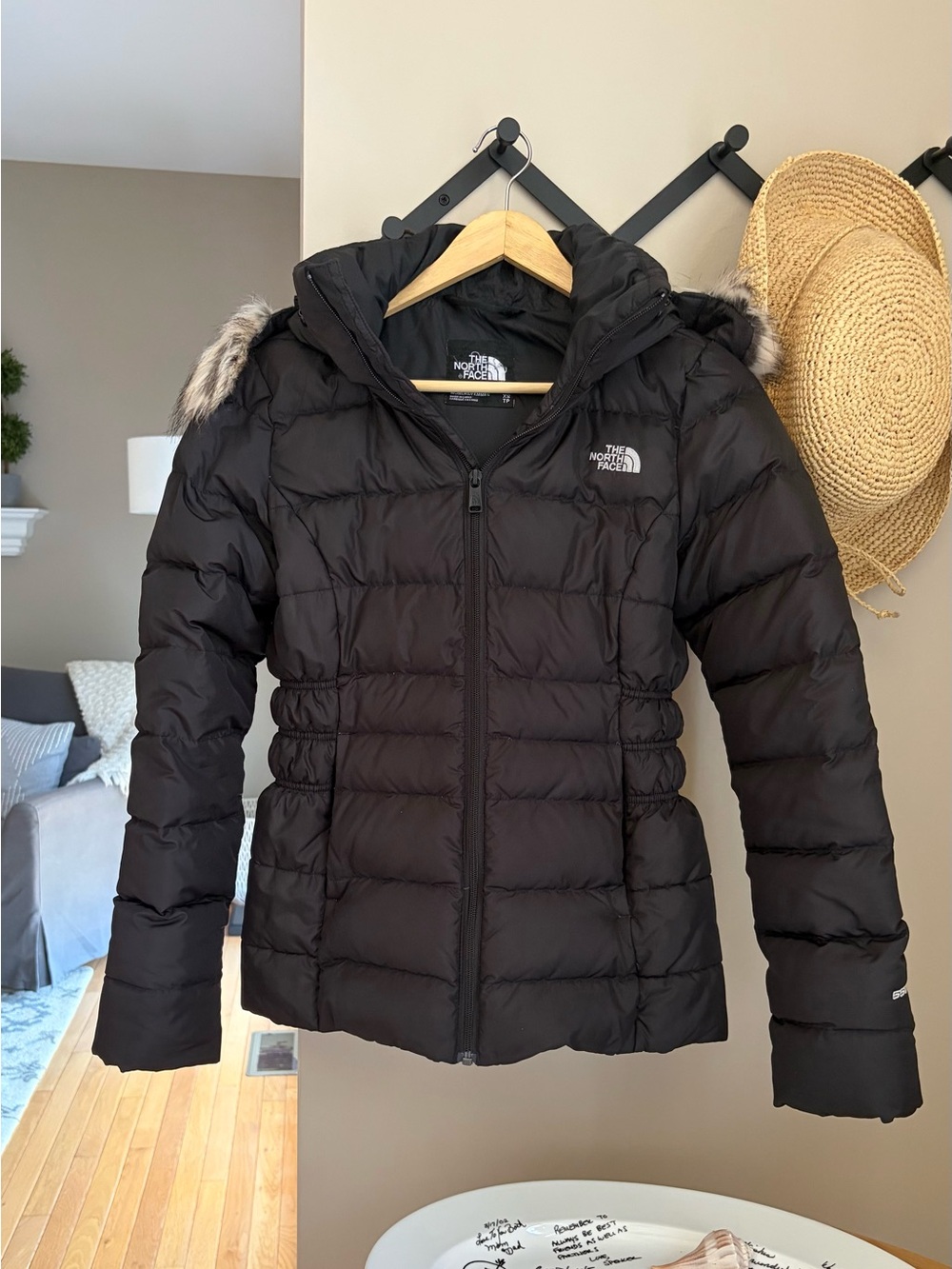 The North Face Women's Black Hooded Puffer Jacket with Faux Fur Trim